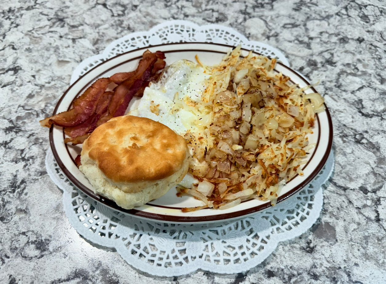 Two Eggs with Bacon or Sausage Platter.