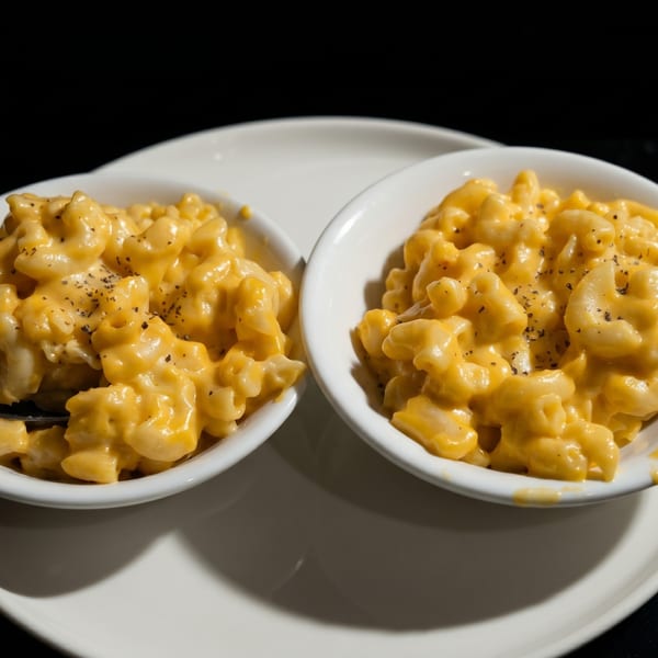 Two white bowls filled with creamy mac and cheese, topped with black pepper, on a white plate.