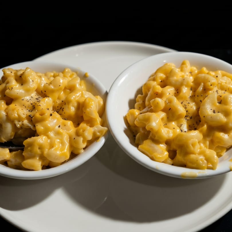 Two white bowls filled with creamy mac and cheese, topped with black pepper, on a white plate.