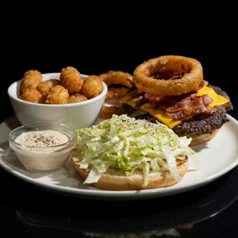 A bacon cheeseburger with onion rings, tater tots, and a side of dipping sauce on a white plate.