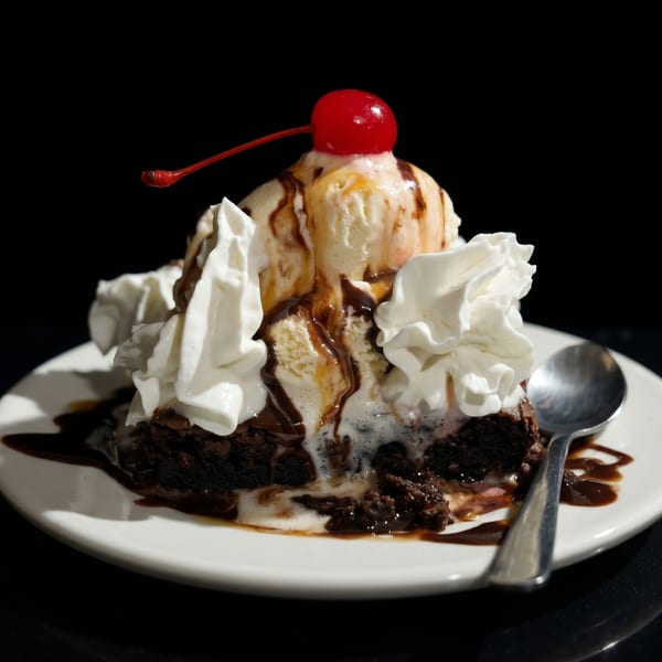 A brownie sundae with vanilla ice cream, whipped cream, chocolate syrup, and a cherry on top.