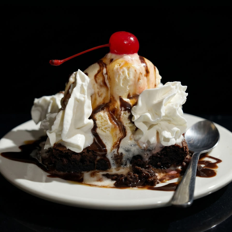 A brownie sundae with vanilla ice cream, whipped cream, chocolate syrup, and a cherry on top.