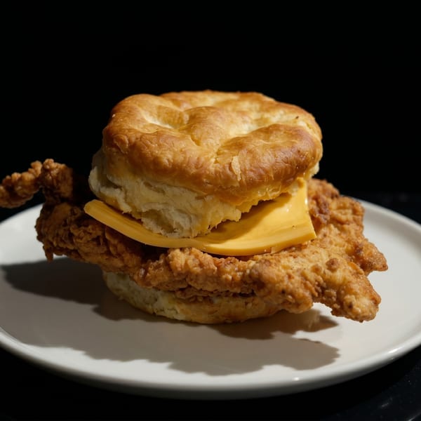 A golden-brown fried chicken and cheese biscuit sandwich on a white plate against a dark background.