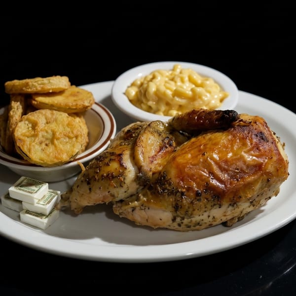 A plate of roasted chicken, fried green tomatoes, and macaroni and cheese with butter pats.