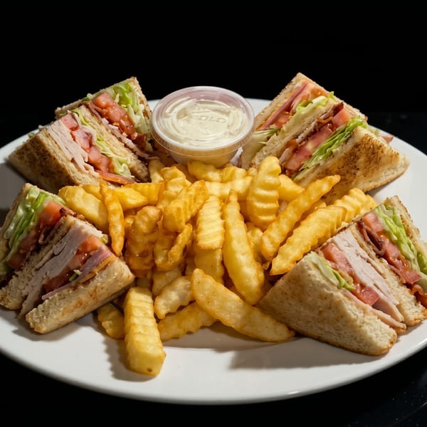 A white plate holds four club sandwich halves, crinkle-cut fries, and a small cup of dipping sauce.