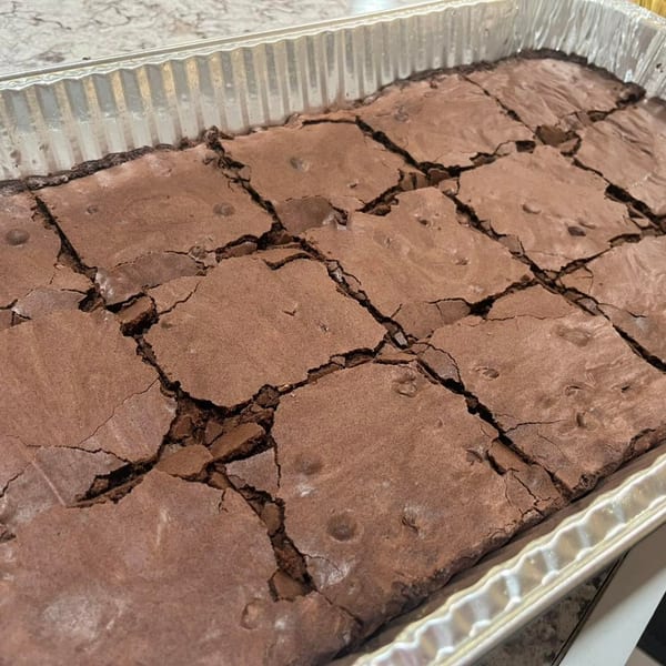 Close-up of a pan of freshly baked, fudgy brownies, cut into squares, with a crinkly top.