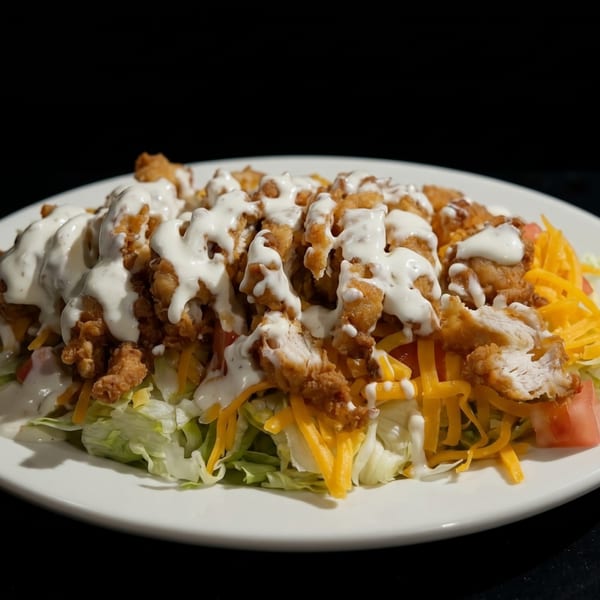 Crispy fried chicken salad with shredded lettuce, cheese, tomatoes, and creamy white dressing.