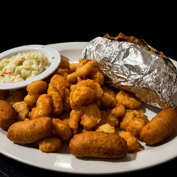 A plate of fried shrimp, hush puppies, coleslaw, and a foil-wrapped baked potato.