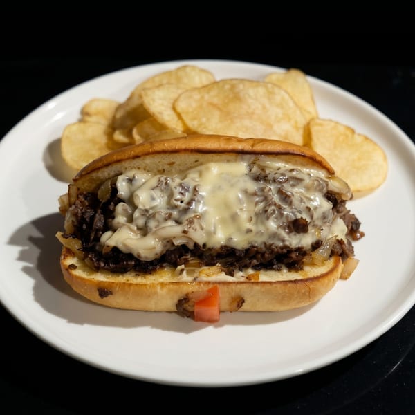 Cheesesteak sandwich with melted cheese and onions, served with potato chips on a white plate.